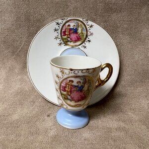 Vintage Hand Painted Porcelain Demitasse Cup & Saucer Set Fragonard Style Japan